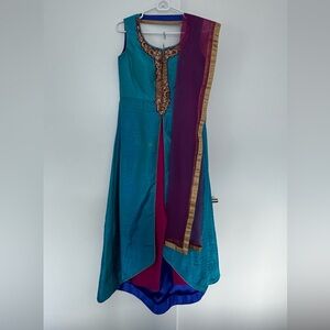 Blue Teal + Pink Indian Kurta Pant Suit